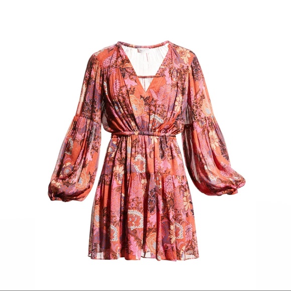 NWT A.L.C ALC pink purple printed tiered long sleeve v-neck mini dress - Picture 3 of 14